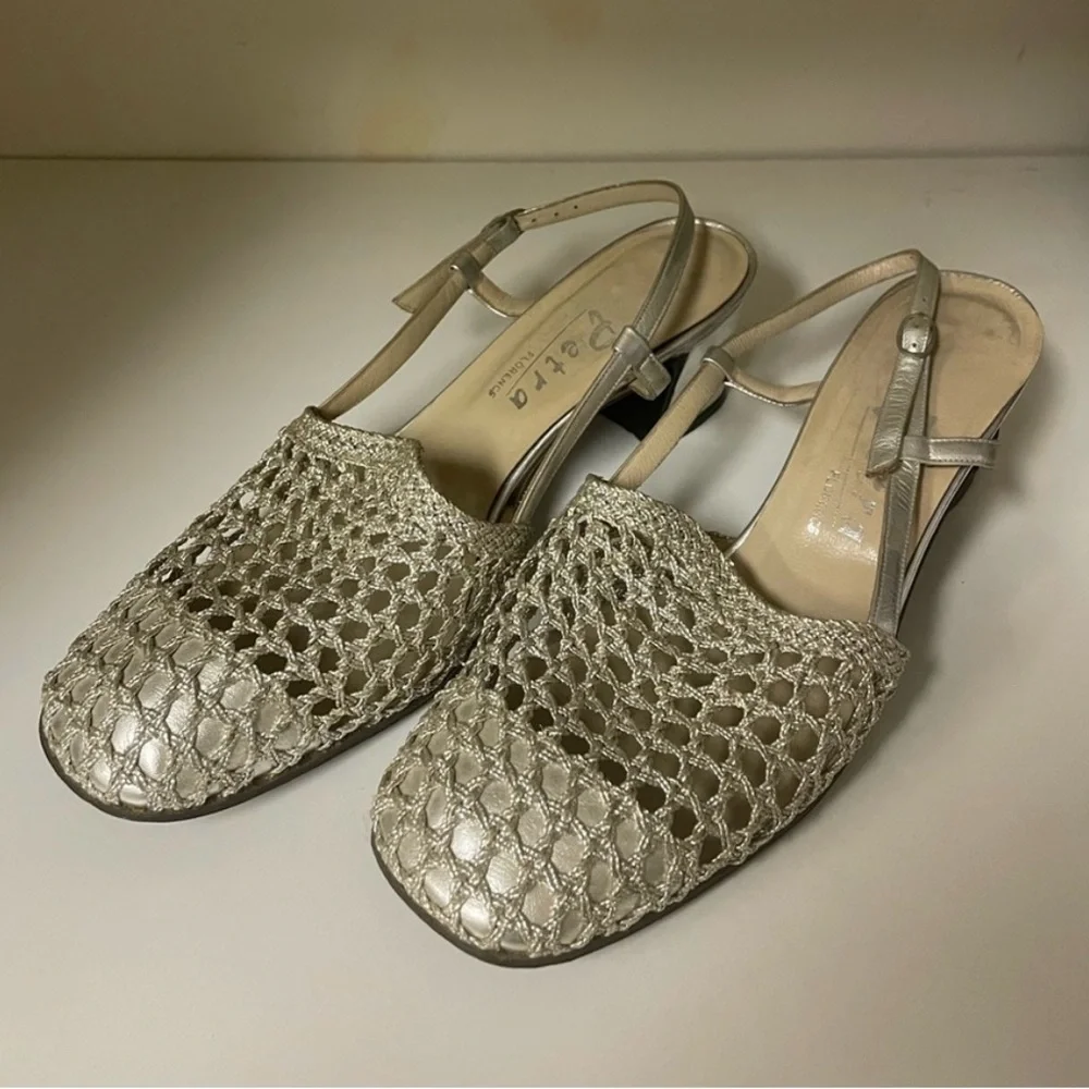 PETRA Italian Slingback Silver Woven Semi Pump Heel size 6.5